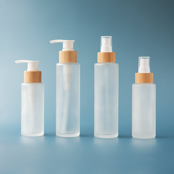 Glass Bottle Cylinder Bamboo Frosted Pump