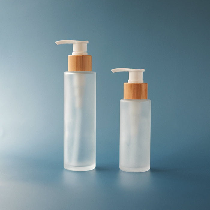Glass Bottle Cylinder Bamboo Frosted Pump